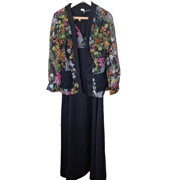 Vintage 70s Black Dayglo Floral Maxi Hostess Dress Sheer Jacket Women Size M/L - Picture 1 of 12